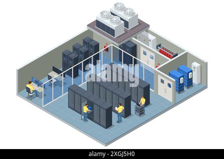 Technologies de calcul en réseau isométrique espace numérique. Stockage de données. Le centre de données met en œuvre des systèmes de sécurité et de sauvegarde fiables, protégeant ainsi les données Illustration de Vecteur