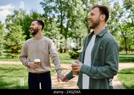 Deux hommes barbus vêtus de vêtements décontractés marchent main dans la main dans un parc, souriant et appréciant la compagnie de l'autre. Banque D'Images