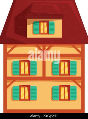 Maison européenne traditionnelle à colombages avec grenier et volets turquoise debout sur fond blanc Illustration de Vecteur