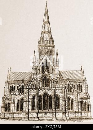 Gravure du XIXe siècle montrant la cathédrale de Salisbury (église cathédrale de la Bienheureuse Vierge Marie) et son architecture gothique. Construit entre 1220 et 1258 - Tour et flèche achevés en 1330. Les pierres de fondation du nouveau bâtiment ont été posées le 28 avril 1220 par le comte et la comtesse de Salisbury Banque D'Images