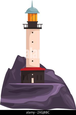 Le grand phare se dresse sur une falaise rocheuse, sa lumière brillante guidant les navires en toute sécurité à travers les mers sombres et orageuses Illustration de Vecteur