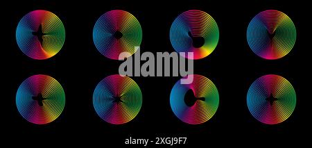 Égaliseurs de musique et ondes sonores. Ensemble vectoriel de courbes radiales spectre d'oscillations d'ondes radio. Onde sonore néon multicolore de cercles audio Illustration de Vecteur