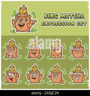 Mascotte de dessin animé du personnage de Matcha avec roi et ensemble d'expression. Illustration vectorielle Illustration de Vecteur