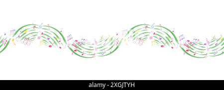 Notes de musique à lévitation ondulée. Notes multicolores volant à travers les vagues de la musique. Bannière transparente de symboles de note. Illustration aquarelle Banque D'Images