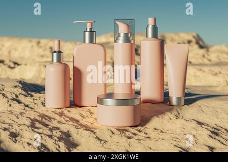 illustration 3d de l'ensemble de divers récipients cosmétiques en couleur rose debout sur le paysage de roches naturelles, plan extérieur. Bocaux cosmétiques, bouteilles, tubes, sprays et autres maquettes de récipients Banque D'Images