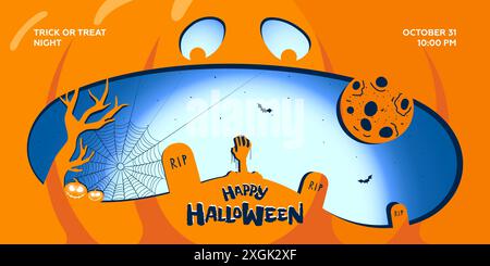 Bonne bannière horizontale de fête d'Halloween pour les vacances d'octobre 31. Visage sculpté souriant effrayant sur fond de citrouille orange Jack O Lantern. Silhouette des tombes du cimetière de nuit. Carte de vœux Trick or Treat Illustration de Vecteur