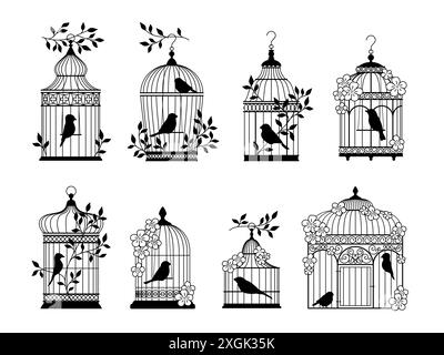 Cages vintage et oiseaux décoratifs. Silhouettes sombres de perroquets et de maisons de canaris, tiges d'acier entrelacées, liberté et prison, noir élégant Illustration de Vecteur