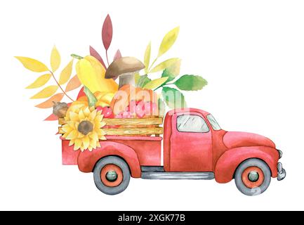 Aquarelle vieux pick-up avec des feuilles d'automne, des citrouilles, des tournesols, des baies, des champignons isolés sur fond blanc. Voiture d'automne dessinée à la main pour thanksgi Banque D'Images