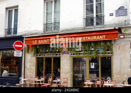 Restaurant le Saint Gervais, rue Vielle du Temple restaurant, bar, café, brasserie dans le 3ème arrondissement du Marais, Paris, France. Banque D'Images