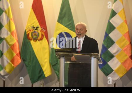 Santa Cruz, Bolivie. 09 juillet 2024. Luiz Inacio Lula da Silva, Président du Brésil, s’exprime lors d’une rencontre avec le Président bolivarien Arce. Crédit : Diejo Tejerina/dpa/Alamy Live News Banque D'Images