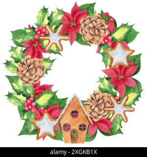 Couronne de joyeux Noël avec poinsettia aquarelle peinte à la main, pommes de pin, biscuits en pain d'épices, houx, maison en pain d'épices, baies rouges. Wreat des fêtes Banque D'Images