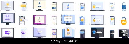 icônes 2fa définies. Collection de dispositifs électroniques montrant différentes façons d'effectuer l'authentification à deux facteurs Illustration de Vecteur