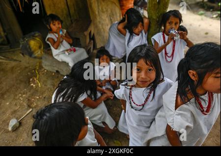 Les enfants indigènes Kogi jouent joyeusement dans la communauté Kogui Taiku, située dans la Sierra Nevada de Santa Marta, en Colombie. Vêtus d'une tenue blanche traditionnelle, qui symbolise la pureté et l'harmonie avec la nature, leur rire remplit l'air, reflétant le profond héritage culturel et les liens étroits de la communauté. Banque D'Images