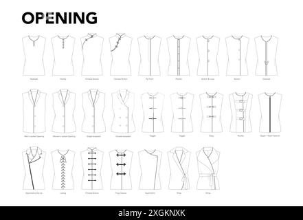 Ensemble d'ouvertures pour hauts, chemises, vestes, chemisiers, manteaux, robes styles illustration de mode technique. Vue avant du modèle de vêtement plat. Femme, homme unisexe CAD maquette isolé sur blanc Illustration de Vecteur