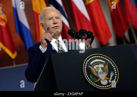 Washington, États-Unis. 09 juillet 2024. Le président AMÉRICAIN Joe Biden prononce une allocution à l’occasion du 75e anniversaire de l’OTAN à l’Andrew W. Mellon Auditorium à Washington le 9 juillet 2024. Photo de Yuri Gripas/Pool/Sipa USA crédit : Sipa USA/Alamy Live News Banque D'Images