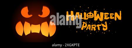 Concept de conception de bannière horizontale de fête d'Halloween heureux. Jack O Lantern citrouille sculptée visage souriant effrayant sur fond noir et inscription dessinée à la main. Carte de vœux des fêtes d'octobre 31 Illustration de Vecteur