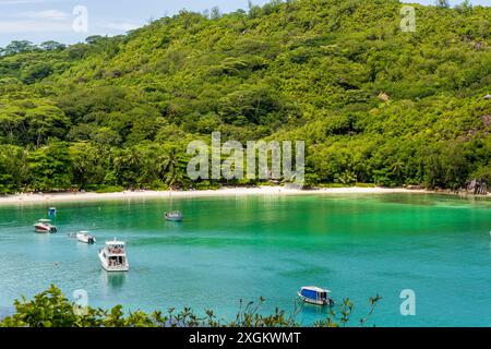 Plage de Port Launay, le parc marin de Port Launay, Mahé, République des Seychelles, océan Indien. Banque D'Images