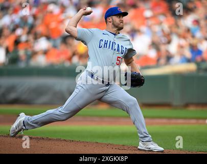 Baltimore, États-Unis. 09 juillet 2024. Jameson Taillon (50), lanceur Chicago Cubs, livre aux Orioles de Baltimore lors de la première manche à Camden Yards à Baltimore, Maryland, le mardi 9 juillet 2024. Photo de David Tulis/UPI crédit : UPI/Alamy Live News Banque D'Images