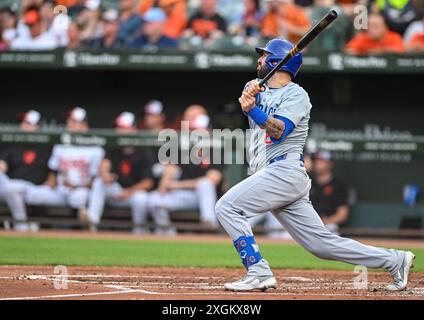 Baltimore, États-Unis. 09 juillet 2024. Chicago Cubs Catcher Tomás Nido (6) frappe un sacrifice RBI contre les Orioles de Baltimore lors de la deuxième manche à Camden Yards à Baltimore, Maryland, le mardi 9 juillet 2024. Photo de David Tulis/UPI crédit : UPI/Alamy Live News Banque D'Images