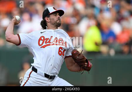 Baltimore, États-Unis. 09 juillet 2024. Le lanceur des Orioles de Baltimore Dean Kremer (64) livre aux Cubs de Chicago lors de la première manche à Camden Yards à Baltimore, Maryland, le mardi 9 juillet 2024. Photo de David Tulis/UPI crédit : UPI/Alamy Live News Banque D'Images