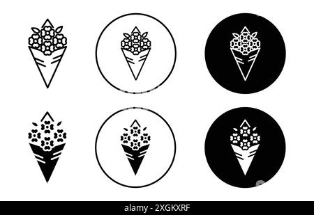 Fleurs bouquet emballage icône logo logo contour vectoriel en couleur noire et blanche Illustration de Vecteur