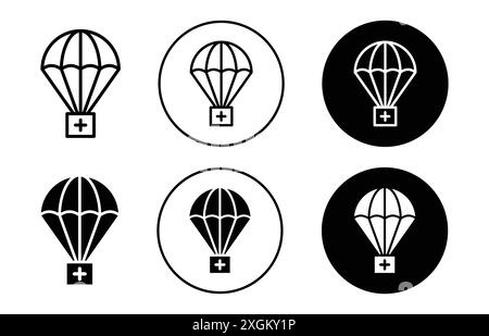 Parachute avec contour vectoriel de signe d'icône de kit de premiers soins en noir et blanc Illustration de Vecteur