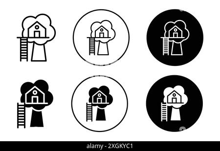 Contour de vecteur de signe de logo d'icône de maison d'arbre en couleur noire et blanche Illustration de Vecteur