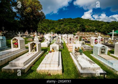 Cimetière à la passe, la Digue, République des Seychelles, Océan Indien. Banque D'Images