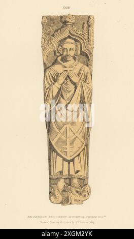 Prieur ou abbé dans ses robes ecclésiastiques, années 1300 Avec tonsure, chasuble et croix, pieds sur un démon. Ère du roi Edward II. effigie en pierre commémorative dans l'église St Martin, Houghton, Norfolk. Gravure sur cuivre teintée dessinée, gravée et publiée par John Sell Cotman dans gravures of the Most remarquable of the Sepulchral Brasses in Norfolk, Henry Bohn, Londres, 1818. Banque D'Images