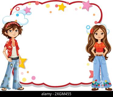 Deux enfants dans des tenues hippie colorées Illustration de Vecteur