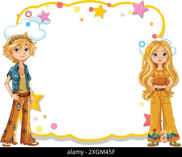 Deux enfants dans des tenues hippie colorées Illustration de Vecteur