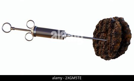 rendu 3d de patty de boeuf et d'une seringue alimentaire, image conceptuelle pour la recherche scientifique ou les méthodes alternatives de production de viande. Banque D'Images