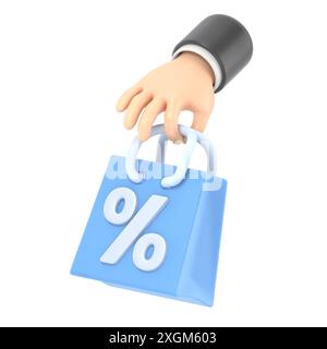 Cartoon Gesture icône Mockup.3d vente, main tenant l'icône de sac à provisions. Concept d'escompte, rendu 3D sur fond blanc. Banque D'Images