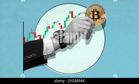 Main d'affaires tenant une pièce Bitcoin avec un graphique sur un fond coloré. Art collage Banque D'Images