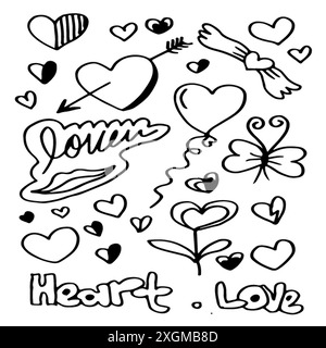 Ensemble de doodles dessinés à la main pour la Saint-Valentin. Collection de beaux coeurs et écrits amour sur fond blanc. Illustration vectorielle. Illustration de Vecteur