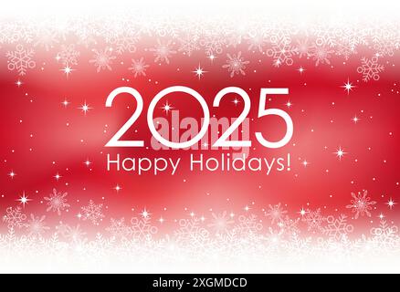 2025 joyeuses fêtes et carte de voeux du nouvel an avec flocons de neige sur fond rouge. Illustration vectorielle. Illustration de Vecteur
