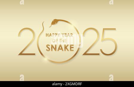 L'année 2025, l'année du serpent, logo de symbole d'or vectoriel avec voeux de nouvel an sur fond d'or de champagne. Illustration de Vecteur