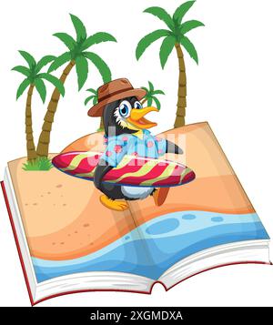 Penguin surf sur une plage à livre ouvert Illustration de Vecteur