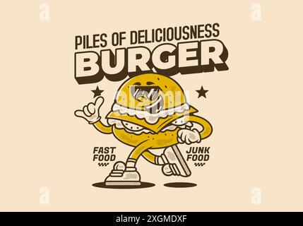 Burger, pile de délices. Illustration de personnage de mascotte vintage de hamburger en posture courante Illustration de Vecteur