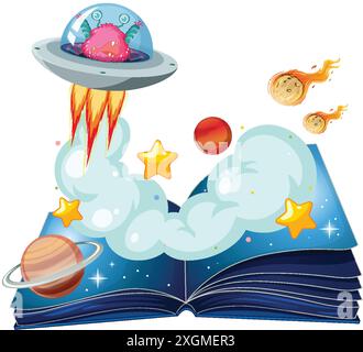 Vaisseau spatial extraterrestre émergeant d'un livre ouvert Illustration de Vecteur