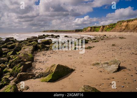 Des rochers sur la plage de Barmston protègent le camp de vacances voisin de l'érosion Banque D'Images