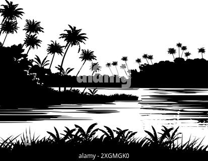 Bay River Bank. Image de silhouette noire isolée sur fond blanc. Forêt tropicale Vector Jungle. Palmiers et plantes du sud. Illustration de Vecteur