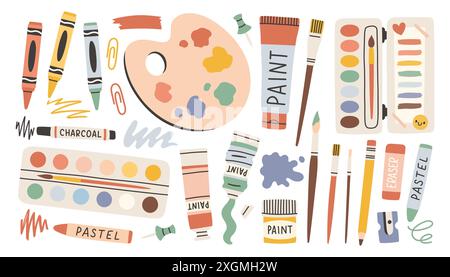 Set avec des éléments d'outils de peinture, style de dessin animé. Tubes de peinture, pinceaux et papeterie. Vecteur moderne à la mode isolé Illustration de Vecteur