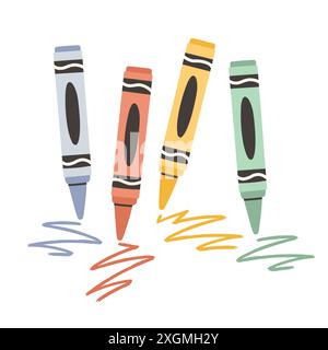 Placez des crayons de cire avec un coup de pinceau dans le style de dessin animé isolé sur blanc. Palette préscolaire, crayons pour l'éducation. Illustration de Vecteur