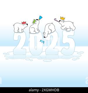 Quatre mignons ours polaires de fête portant des chapeaux en papier Balancing on Frozen New Year 2025 Ice sculpture avec des reflets sur un Cold Melting Puddle Illustration de Vecteur