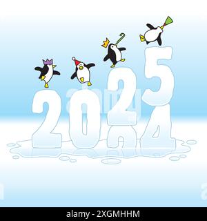 Quatre pingouins Happy Party portant des chapeaux en papier dansant sur le dessus de Frozen Changing Year 2024-25 glace Sulpture fondant lentement en raison du réchauffement climatique Illustration de Vecteur