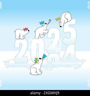 Quatre mignons ours polaires de fête portant des chapeaux en papier Balancing on Changing New Year 2024-2025 sculptures with Reflections Melting in a Cold Puddle Illustration de Vecteur