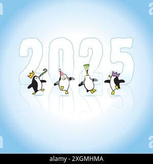 Quatre pingouins Happy Party portant des chapeaux en papier dansant devant Frozen Year 2025 Ice sculpture Illustration de Vecteur