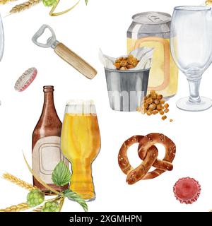 Motif aquarelle avec canette de bière avec verre pour la bière et seau de casse-croûte de haricots, avec ouvre-bouteille en acier et bouchon de bouteille, bouteille de bière avec forme Banque D'Images
