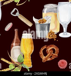 Motif aquarelle avec canette de bière avec verre pour la bière et seau de casse-croûte de haricots, avec ouvre-bouteille en acier et bouchon de bouteille, bouteille de bière avec forme Banque D'Images